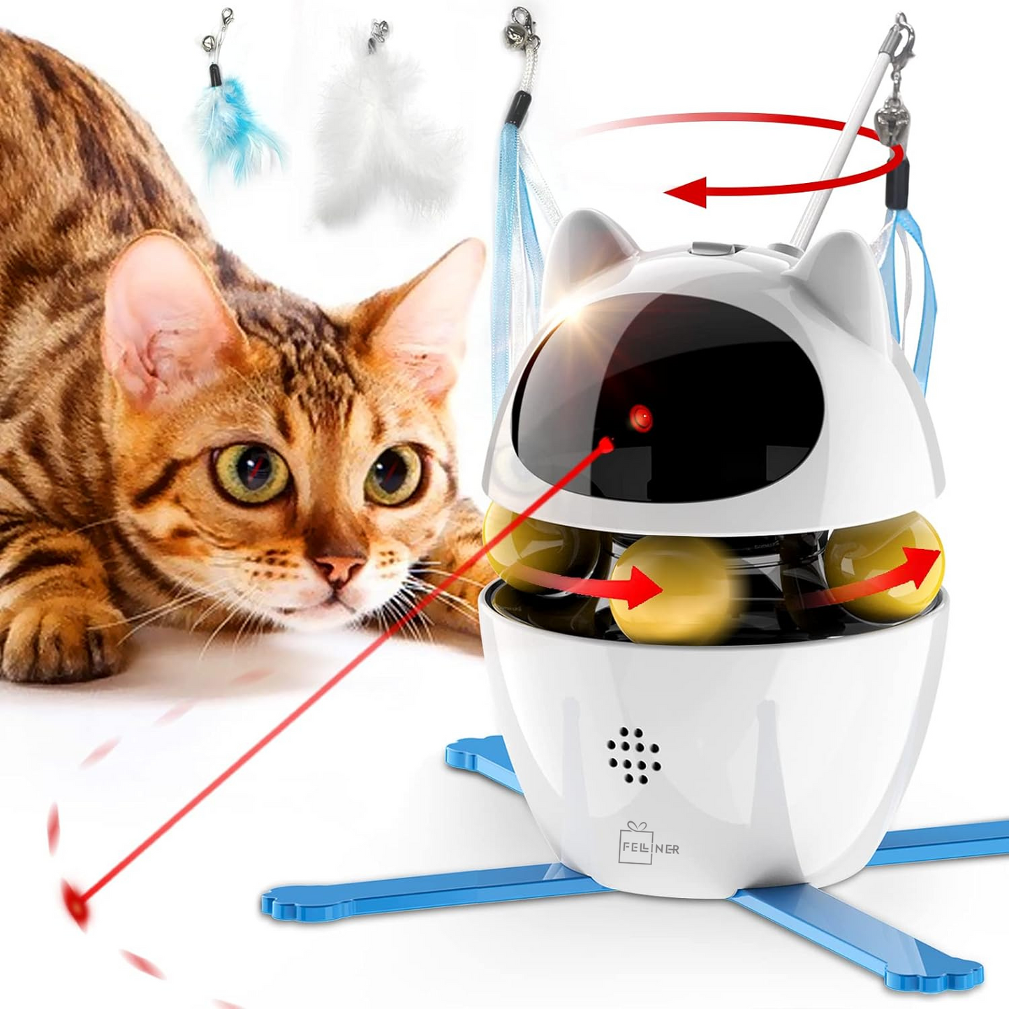 Jucarie interactiva pentru pisici, Felliner, automata 3in1, laser, mingi, panglica, rotatie 360¡, alb