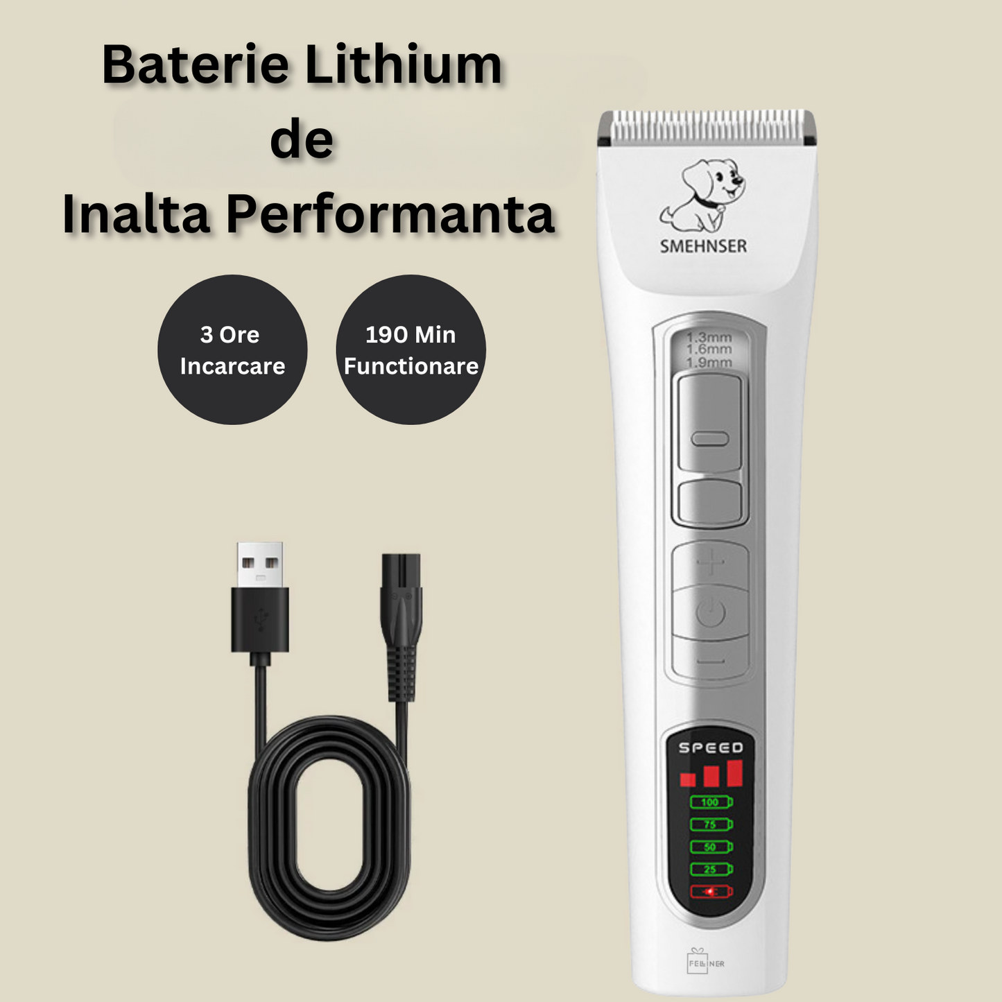 Masina de tuns profesionala pentru caini si pisici, fara fir, 7000RPM, autonomie 190min, lama ceramica, ecran digital LCD, alb