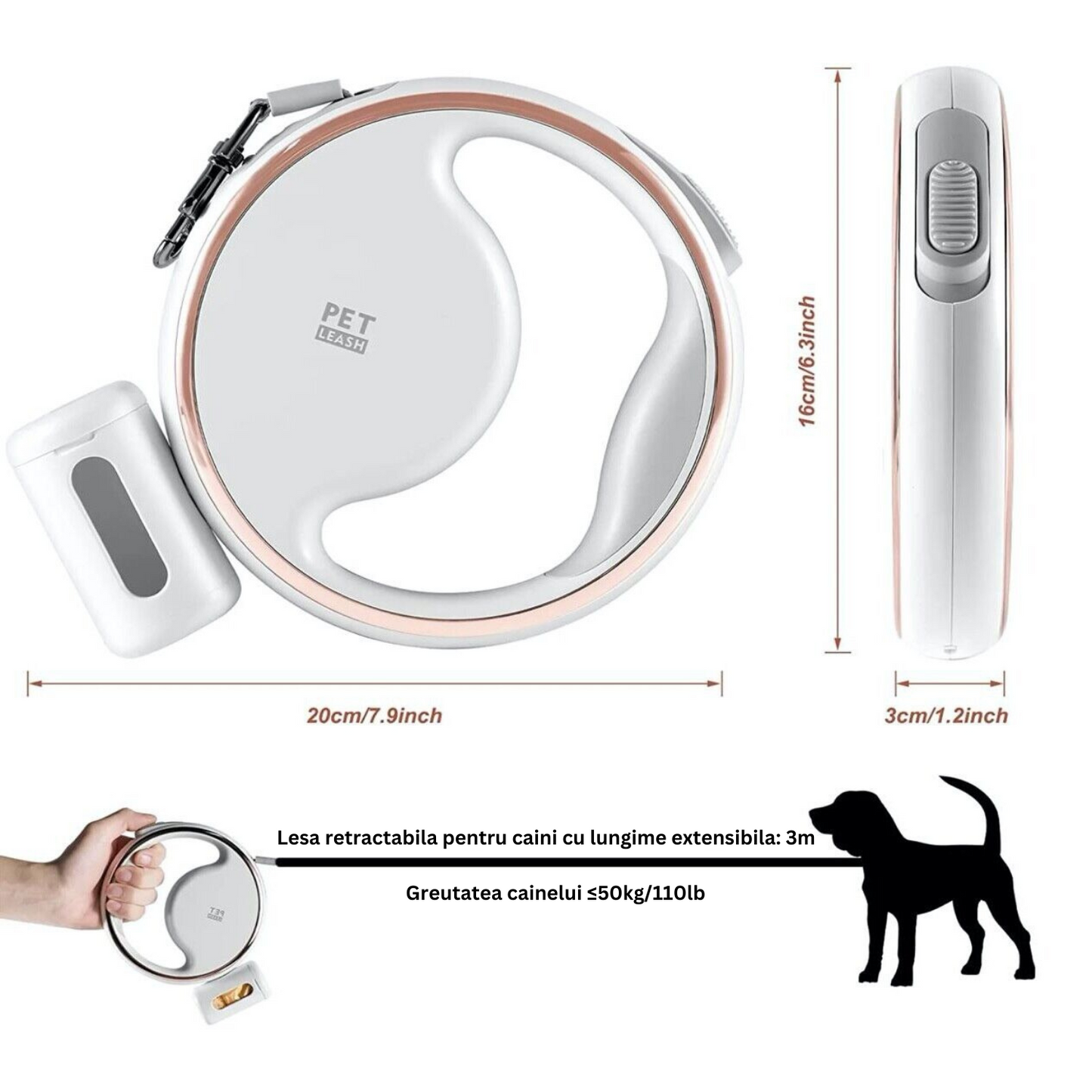 Lesa retractabila cu lanterna LED, Felliner, suport pentru saculeti igienici, reflectorizanta, design ergonomic si modern, anti-soc, 3m, alb