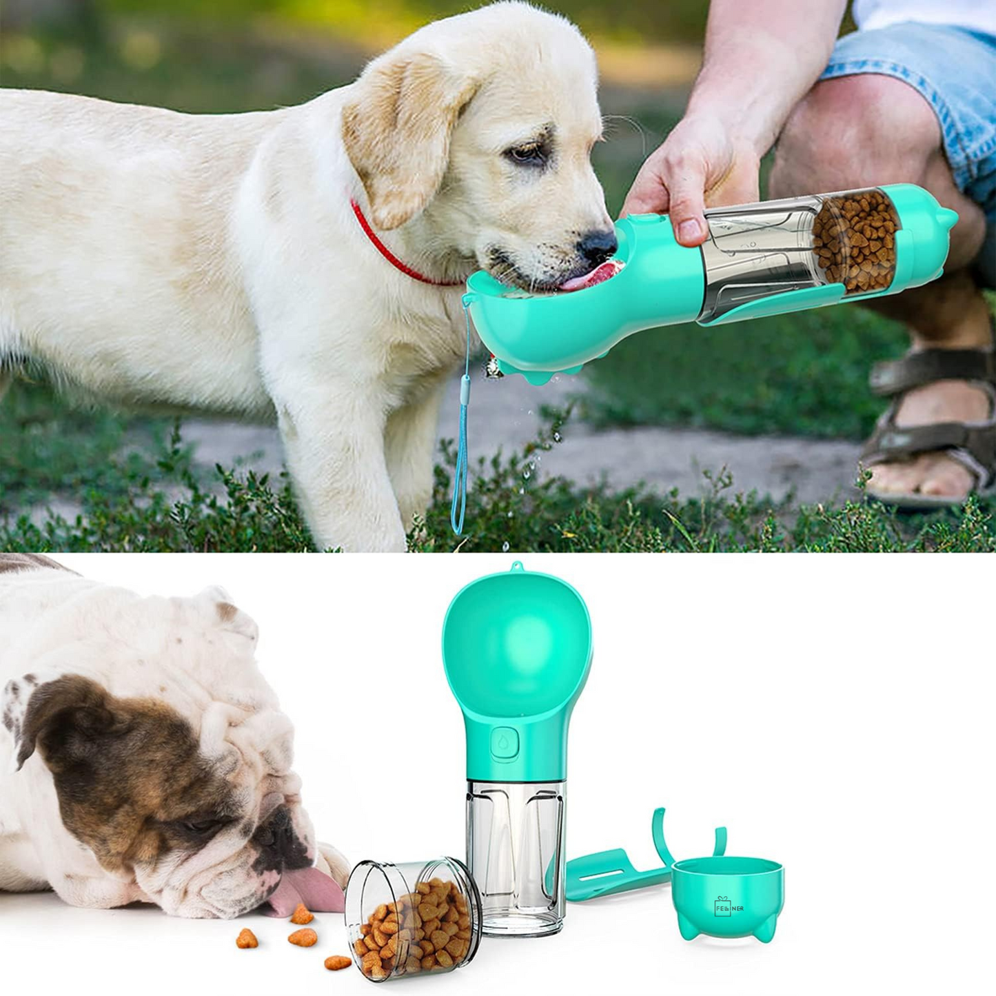Dispenser portabil, multifunctional 4in1, pentru caini, cu castron, rezervor apa 300ml, recipient hrana 150ml, suport pungi igienice si lopatica pentru colectare excremente, turcoaz