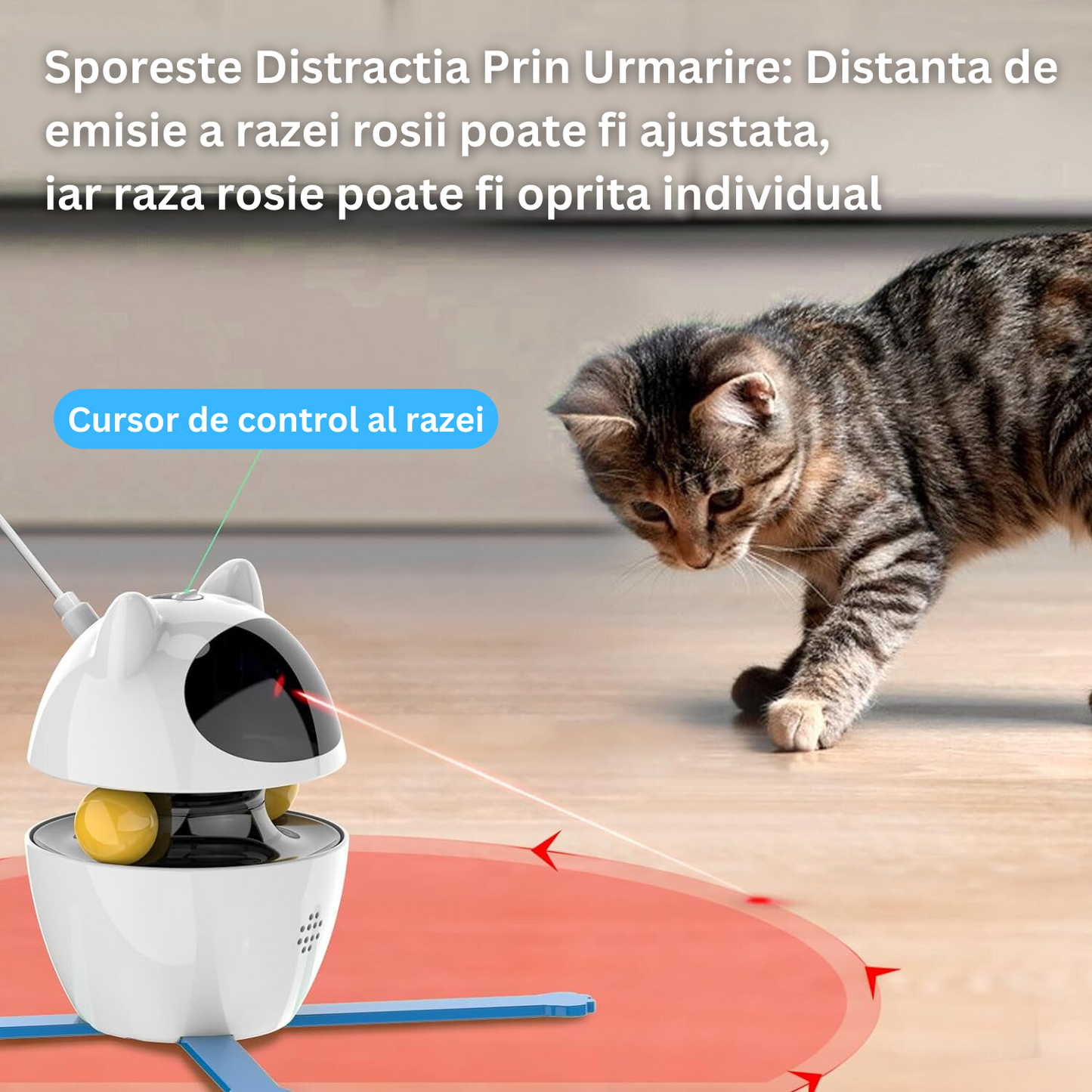 Jucarie interactiva pentru pisici, Felliner, automata 3in1, laser, mingi, panglica, rotatie 360¡, alb