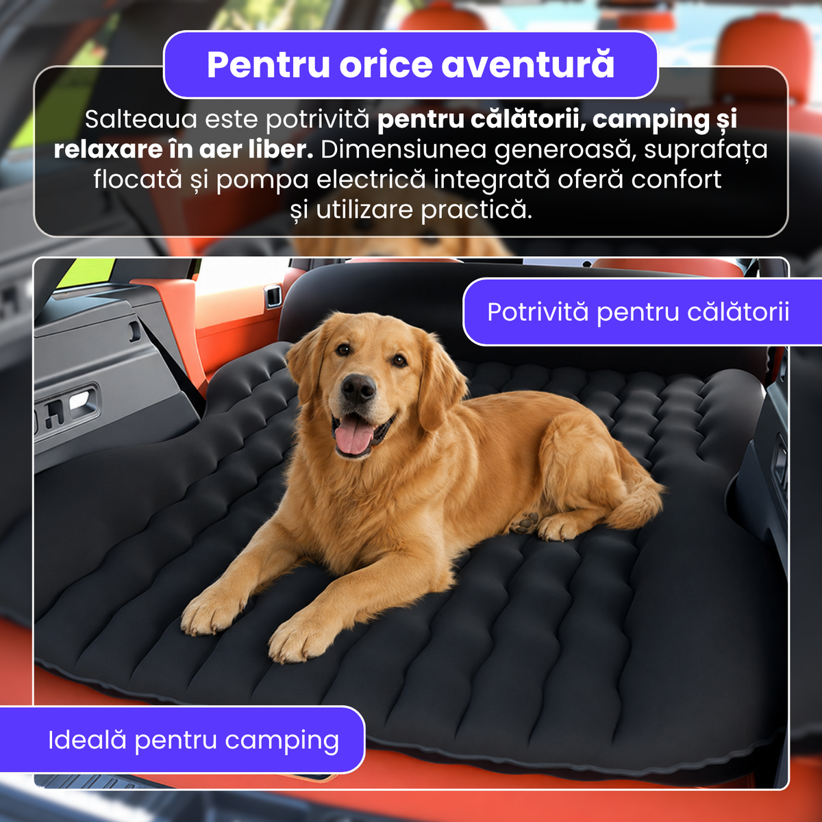 Saltea gonflabila auto, 135x170x18 cm, pompa electrica integrata, PVC si suprafata flocata, design ondulat, pentru calatorii, camping si exterior, utilizare 4 anotimpuri, negru