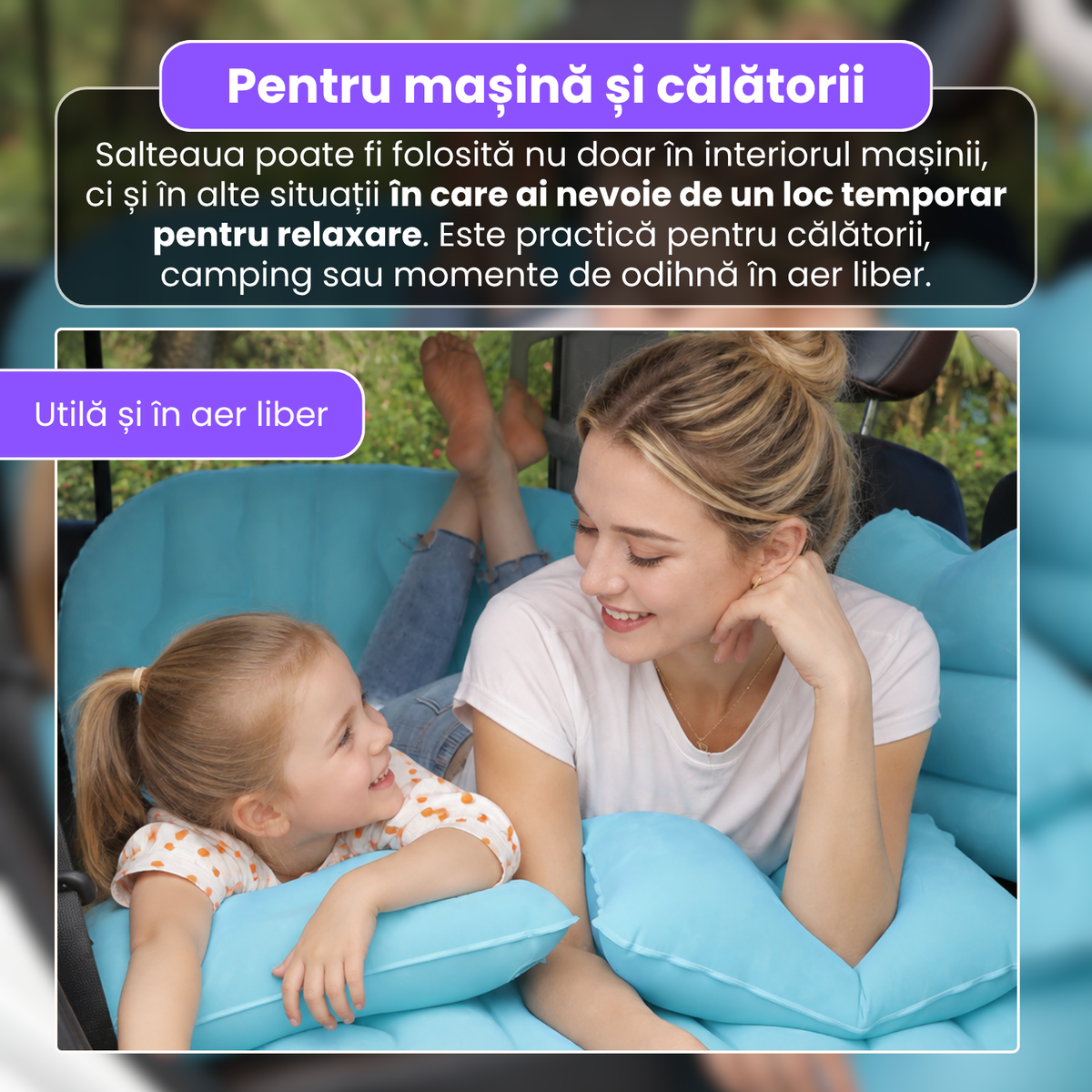Saltea auto gonflabila, 3 in 1, PVC cu suprafata flocata, 175 x 125 cm, 2 perne, 2 suporturi gonflabile, pompa electrica si adaptoare, pentru calatorii, camping si relaxare, albastru