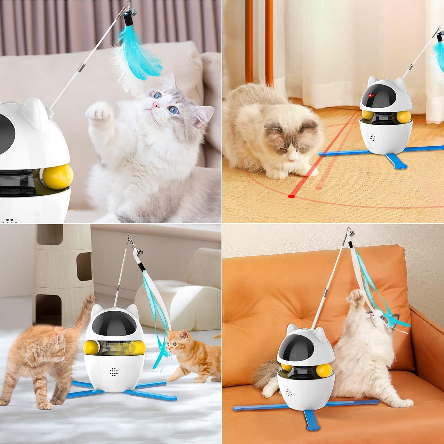 Jucarie interactiva pentru pisici, Felliner, automata 3in1, laser, mingi, panglica, rotatie 360¡, alb