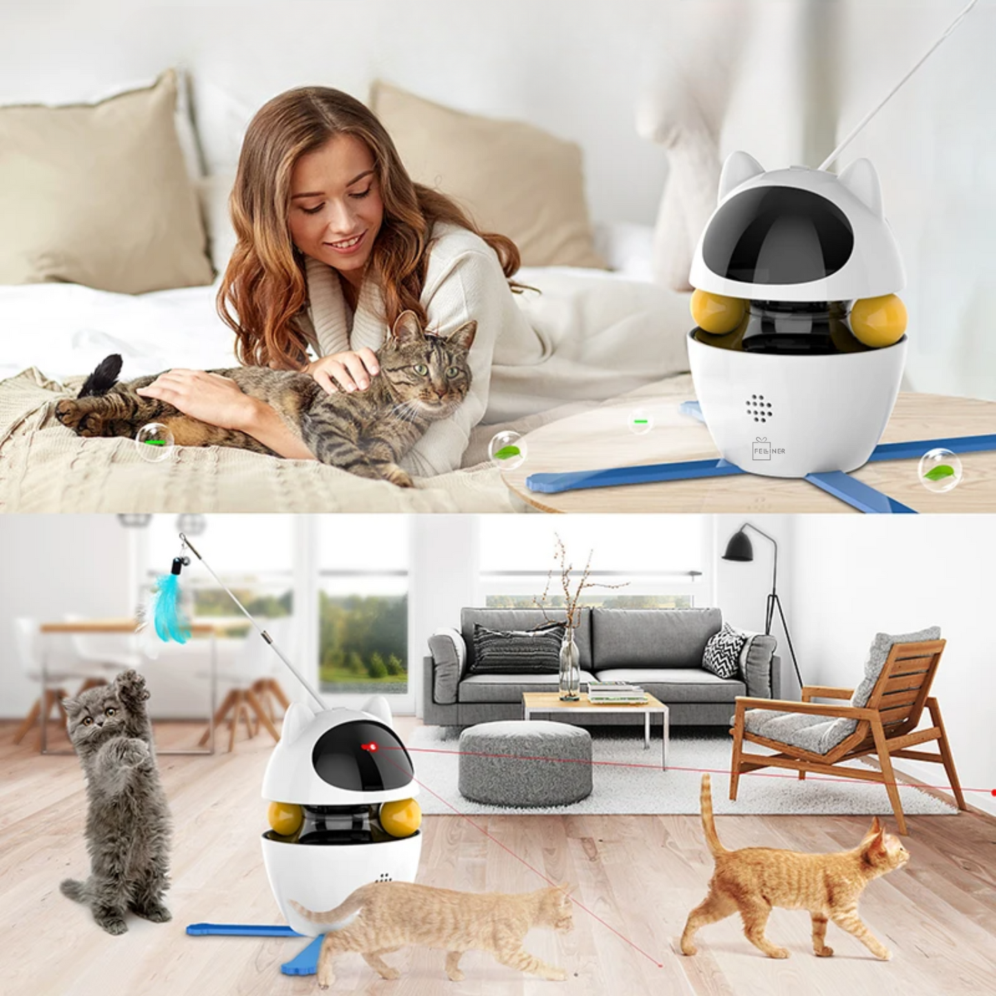 Jucarie interactiva pentru pisici, Felliner, automata 3in1, laser, mingi, panglica, rotatie 360¡, alb