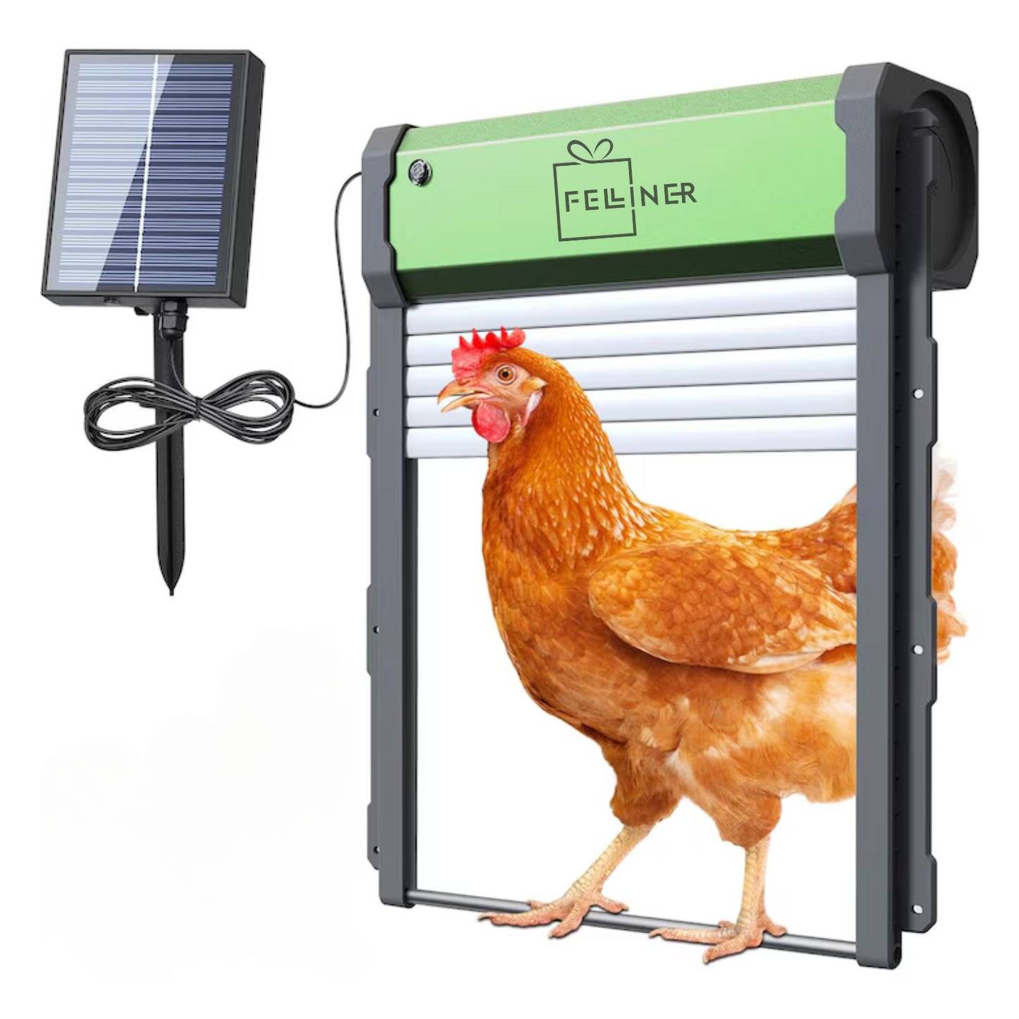 Usa automata pentru cotet gaini, alimentare panou solar, telecomanda, temporizator, senzor de lumina, senzor obstacol, control telecomanda, impermeabil IP67, verde