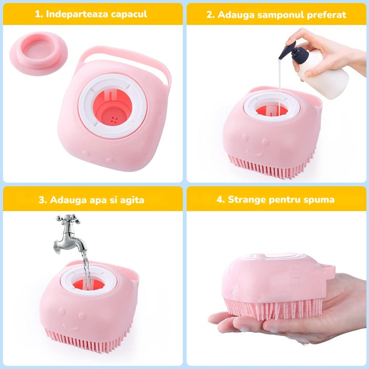 Perie din silicon pentru spalat caini si pisici, Felliner¨, 3 in 1, cu rezervor pentru sampon, roz