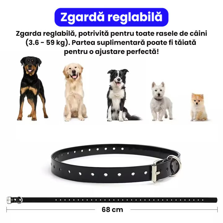 Zgarda electrica pentru dresaj, raza de actiune 600m, 3 moduri de dresaj, rezistenta la ploaie si praf IP67, circumferinta reglabila 21-68 cm, autonomie mare, pentru un caine, negru