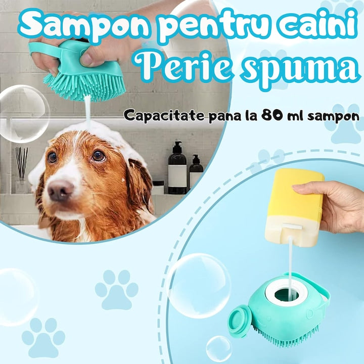 Perie din silicon pentru spalat caini si pisici, Felliner¨, 3 in 1, cu rezervor pentru sampon, albastru