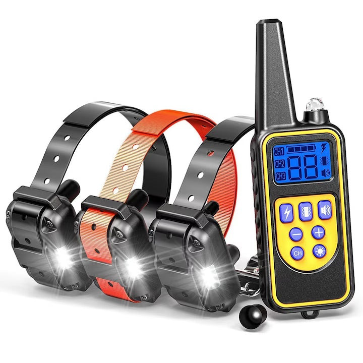 Zgarda electrica profesionala pentru dresaj, pentru 3 caini, reincarcabila, 800m raza actiune, rezistenta la apa si praf, electrozi cauciucati, protectie piele caine, circumferinta reglabila 21-68 cm,