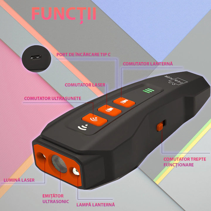 Dispozitiv cu ultrasunete anti-latrat, SJZ-048, autonomie baterie 20 ore, lanterna, laser, ultrasunete, raza actiune 15m