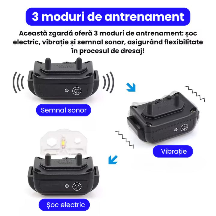 Zgarda electrica pentru dresaj, raza de actiune 600m, 3 moduri de dresaj, rezistenta la ploaie si praf IP67, circumferinta reglabila 21-68 cm, autonomie mare, pentru un caine, negru