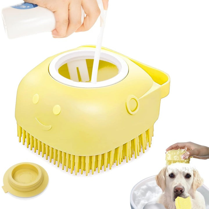 Perie din silicon pentru spalat caini si pisici, Felliner¨, 3 in 1, cu rezervor pentru sampon, galben
