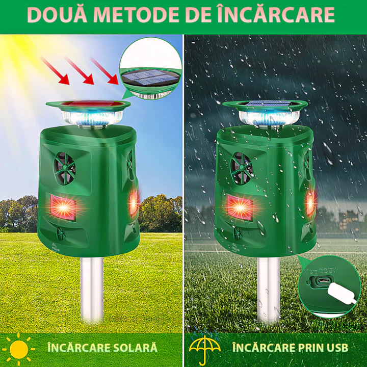 Dispozitiv solar cu ultrasunete, SK-698, impotriva animalelor salbatice, rozatoarelor, cainilor, pisicilor, pasarilor, panou solar 5V, raza de actiune ≥800m², unghi detectie infrarosu 360º, 5 moduri de functionare, rezistent la apa, verde
