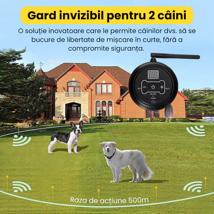 Sistem complet de gard invizibil pentru doi caini, cu transmitator si zgarda reincarcabila si rezistenta la apa IP67, raza de actiune 500 m, baterie 250 mAh, negru