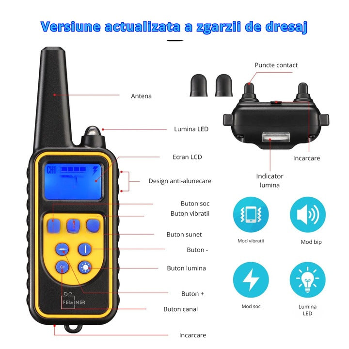 Zgarda electrica reincarcabila pentru dresaj, 800m, rezistenta la apa si praf, 99 de nivele, electrozi cauciucati pentru protectia pielii, circumferinta reglabila 21-68 cm