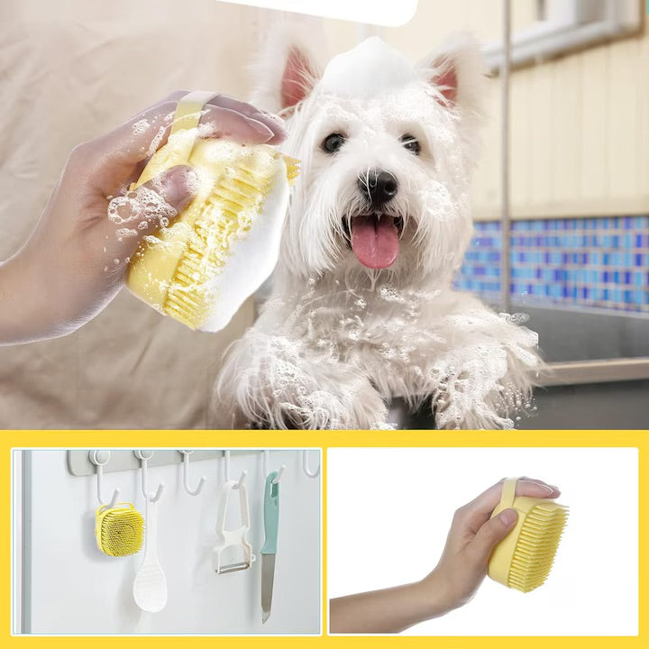 Perie din silicon pentru spalat caini si pisici, Felliner¨, 3 in 1, cu rezervor pentru sampon, galben
