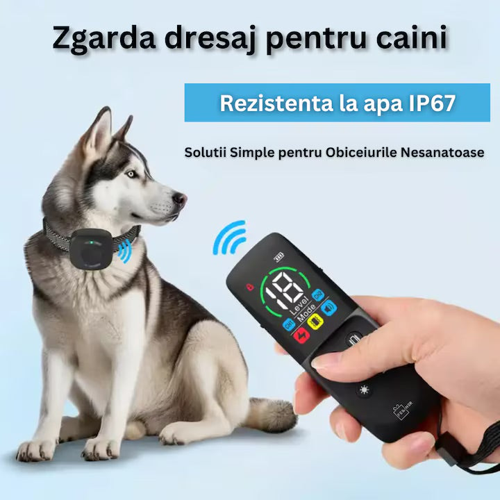 Zgarda electrica anti-latrat pentru dresaj caini, vibratii, avertizare sonora, impulsuri electrice, sistem iluminare, raza de actiune 800m, rezistent la apa, ecran LED