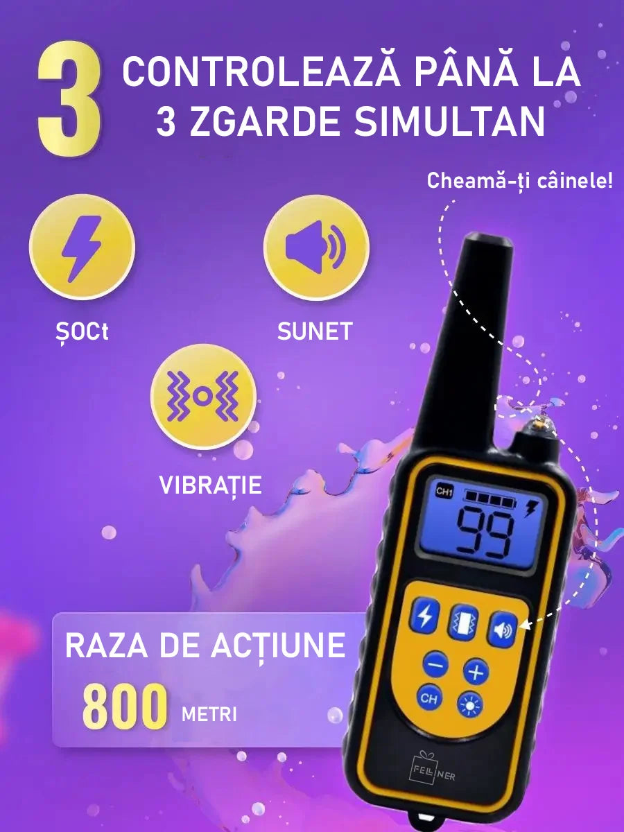 Zgarda electrica profesionala pentru dresaj, pentru 3 caini, reincarcabila, 800m raza actiune, rezistenta la apa si praf, electrozi cauciucati, protectie piele caine, circumferinta reglabila 21-68 cm,