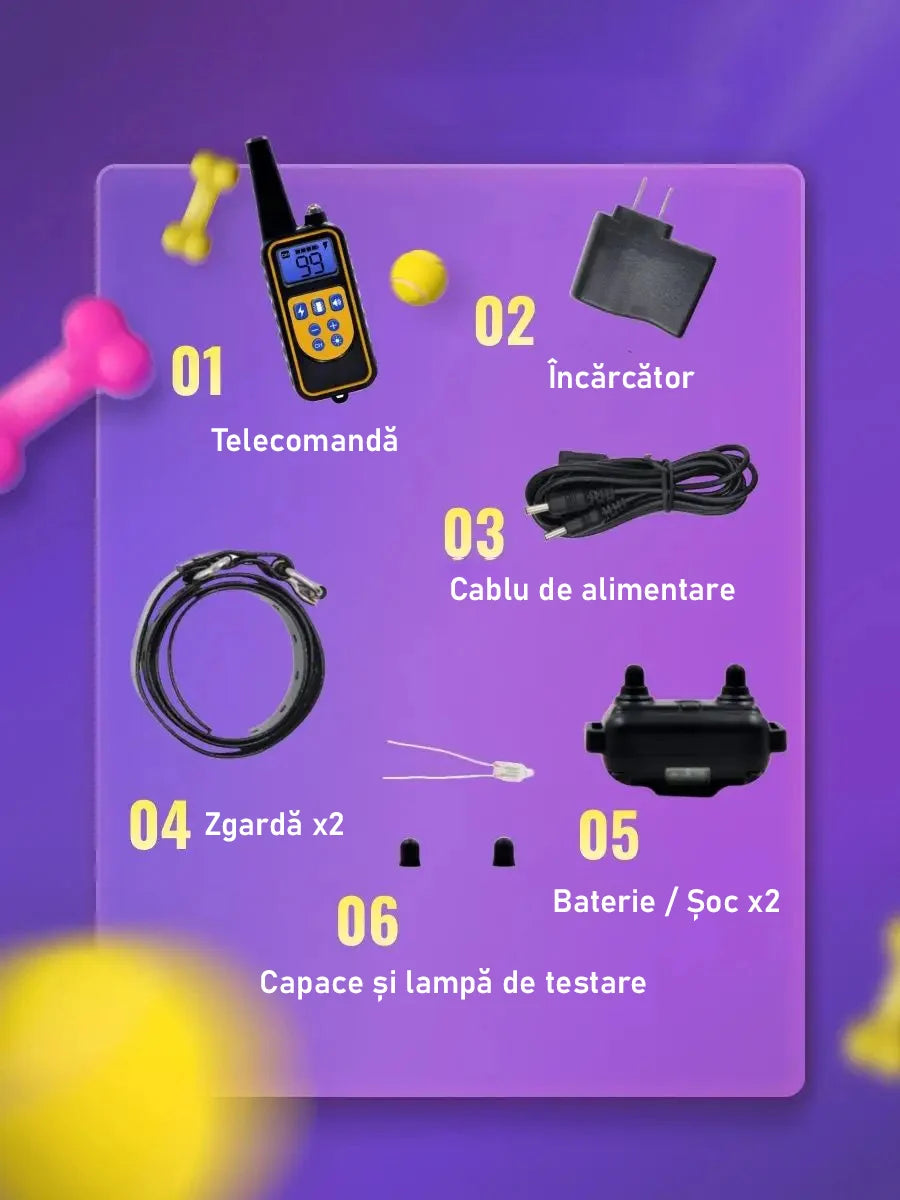 Zgarda electrica profesionala pentru dresaj, pentru 3 caini, reincarcabila, 800m raza actiune, rezistenta la apa si praf, electrozi cauciucati, protectie piele caine, circumferinta reglabila 21-68 cm,