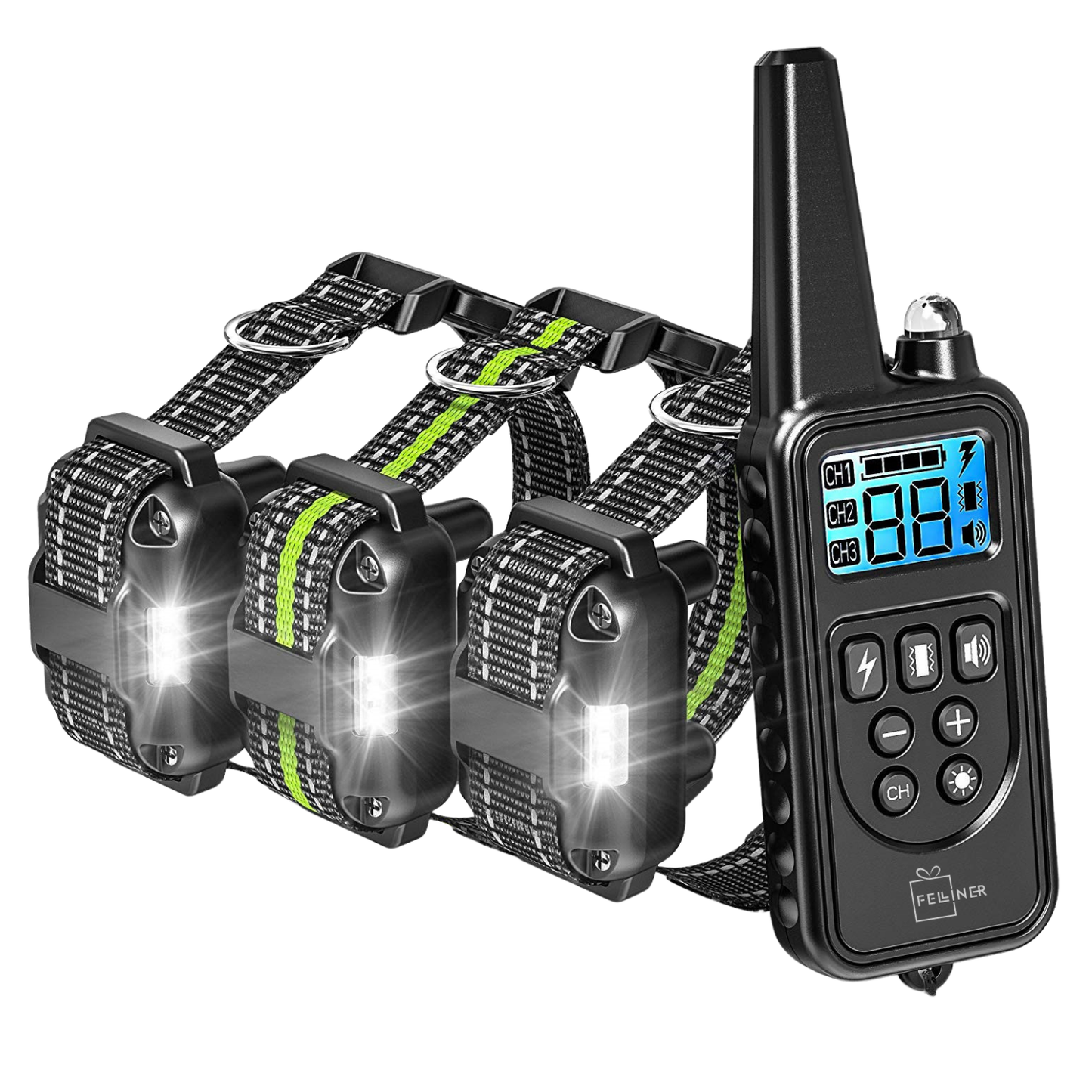 Zgarda electrica pentru 3 caini, 880-3, 99 nivele de vibratii, baterie 300 mAh, raza 800m, 3 moduri antrenament, IP67, electrozi cauciucati, protectie piele, zgarda reglabila, negru
