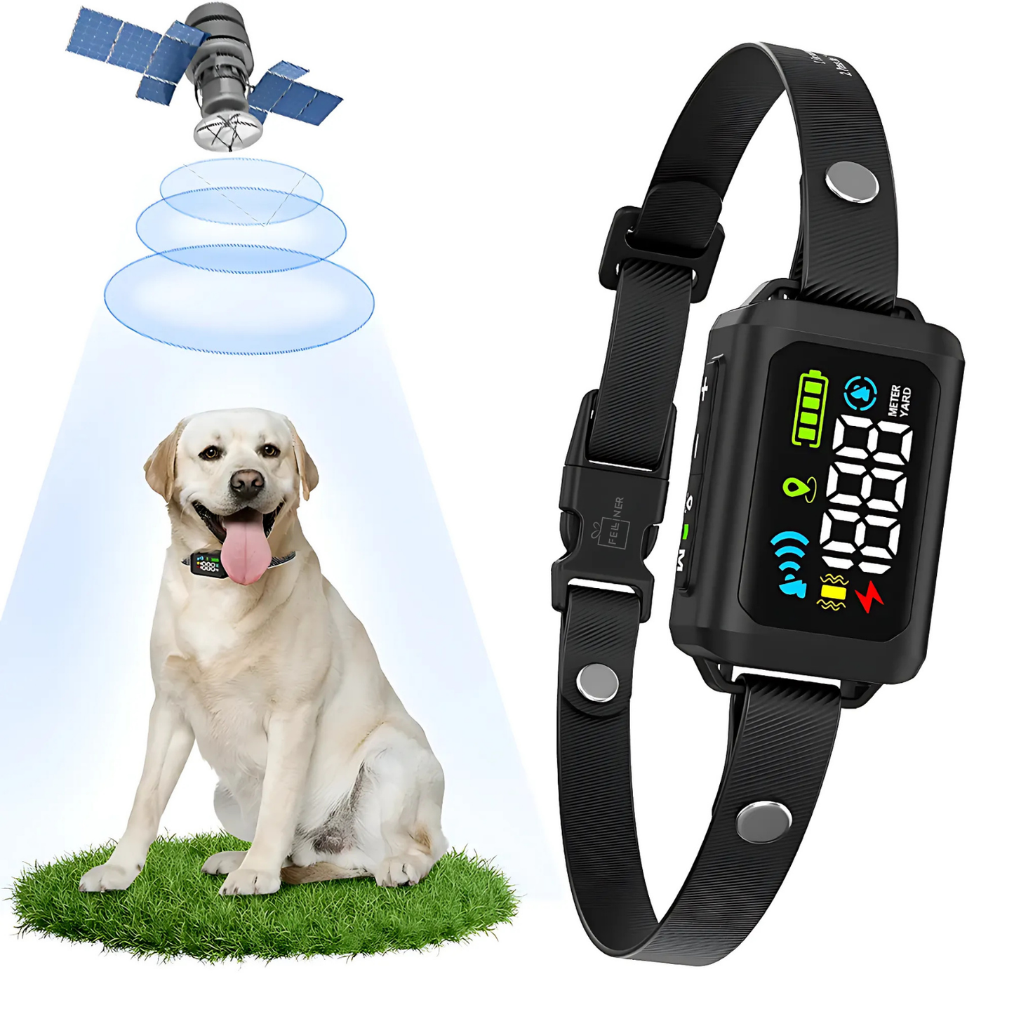 Zgarda electrica GPS pentru caini, sistem inteligent de gard invizibil cu vibratii si soc, raza de actiune 914m, ecran LED color, baterie reincarcabila 800mAh, rezistenta la apa IPX7, fara aplicatie, SIM sau abonament, negru