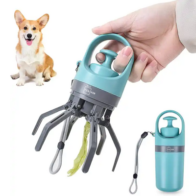 Colector excremente animale de companie, caini, pisici, Felliner, dispozitiv portabil pentru adunarea igienica a deseurilor, cleste cu 6 gheare, ABS, 6.5x19 cm, compartiment saci integrat, albastru