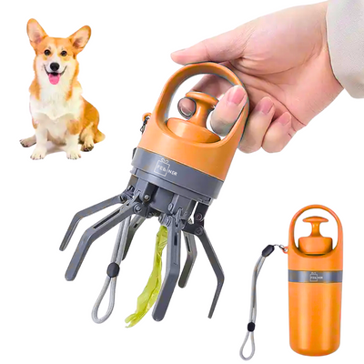 Colector excremente animale de companie, caini, pisici, Felliner, dispozitiv portabil pentru adunarea igienica a deseurilor, cleste cu 6 gheare, ABS, 6.5x19 cm, compartiment saci integrat, portocaliu