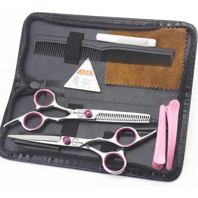 Set 2 foarfece profesionale pentru ingrijirea cainilor, piepten, geanta transport, otel, 15cm, Felliner, roz
