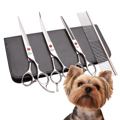 Set de 3 foarfece profesionale pentru tuns animale, cu pieptan si cutie de depozitare, design ergonomic, otel inoxidabil, prevenirea ruginii, rezistent la coroziune, usor de utilizat, gri