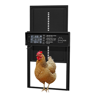 Usa automata pentru cotet gaini, alimenatare panou solar, cu senzor de lumina, telecomanda, temporizator, functie anti-prindere, impermeabilitate IP45, Negru