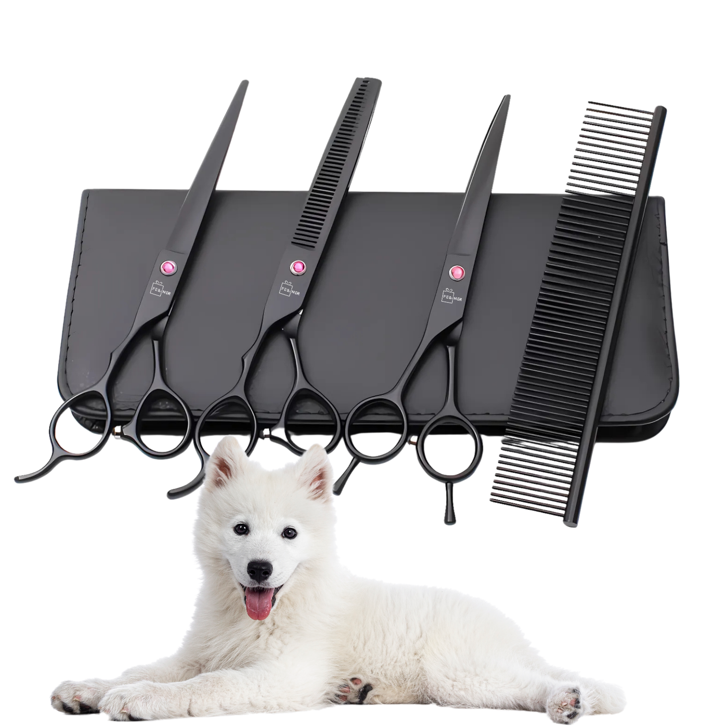 Set de 3 foarfece profesionale pentru tuns animale, cu pieptan si cutie de depozitare, design ergonomic, otel inoxidabil, prevenirea ruginii, rezistent la coroziune, usor de utilizat, negru