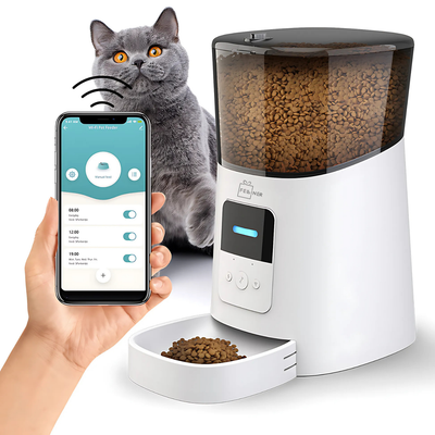 Hranitor automat inteligent pentru caini si pisici, WiFi 2.4G, aplicatie, functie vocala, 6L, senzor alimentare, compatibil cu hrana uscata, alb
