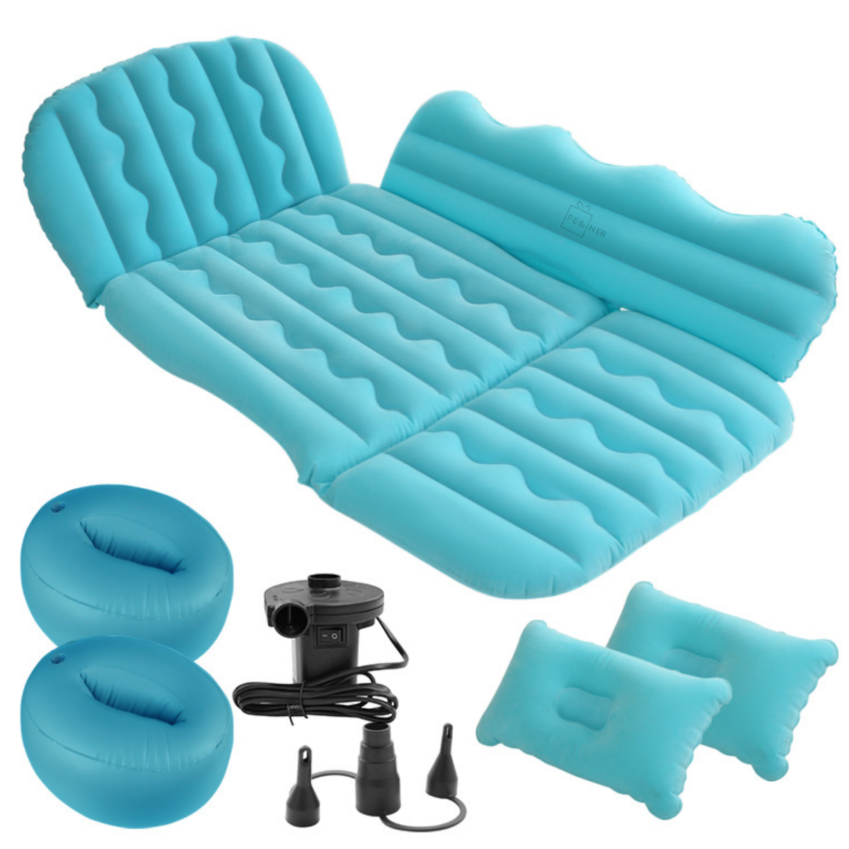 Saltea auto gonflabila, 3 in 1, PVC cu suprafata flocata, 175 x 125 cm, 2 perne, 2 suporturi gonflabile, pompa electrica si adaptoare, pentru calatorii, camping si relaxare, albastru