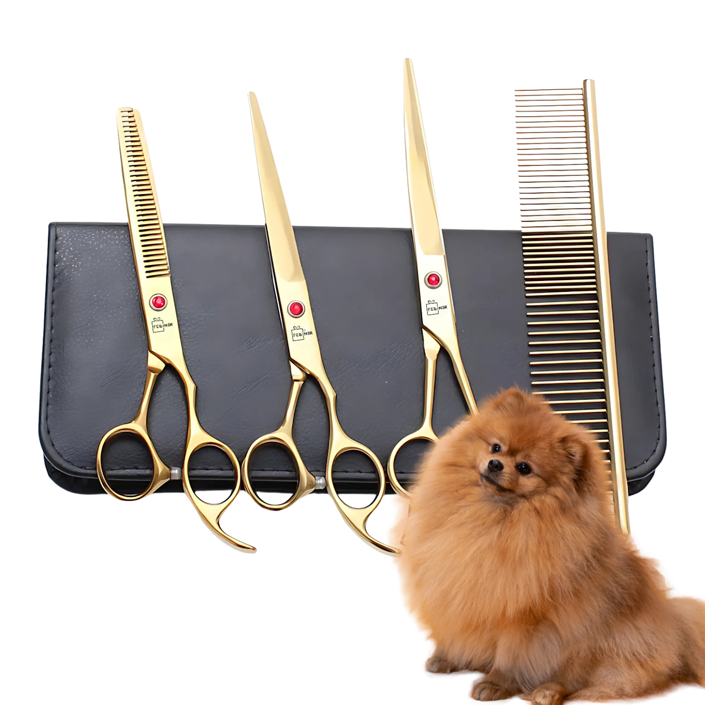 Set de 3 foarfece profesionale pentru tuns animale, cu pieptan si cutie de depozitare, design ergonomic, otel inoxidabil, prevenirea ruginii, rezistent la coroziune, usor de utilizat, auriu