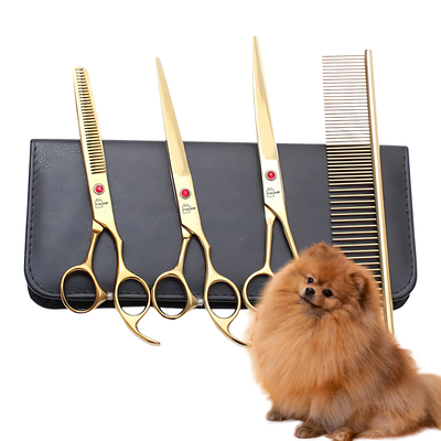 Set de 3 foarfece profesionale pentru tuns animale, cu pieptan si cutie de depozitare, design ergonomic, otel inoxidabil, prevenirea ruginii, rezistent la coroziune, usor de utilizat, auriu