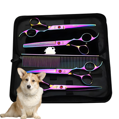 Set de 4 foarfece profesionale pentru tuns animale, cu pieptan si cutie de depozitare, design ergonomic, otel inoxidabil, prevenirea ruginii, rezistent, usor de utilizat, bleumarin