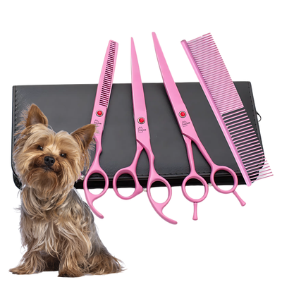 Set de 3 foarfece profesionale pentru tuns animale, cu pieptan si cutie de depozitare, design ergonomic, otel inoxidabil, prevenirea ruginii, rezistent la coroziune, usor de utilizat, roz