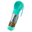 Dispenser portabil, multifunctional 4in1, pentru caini, cu castron, rezervor apa 300ml, recipient hrana 150ml, suport pungi igienice si lopatica pentru colectare excremente, turcoaz