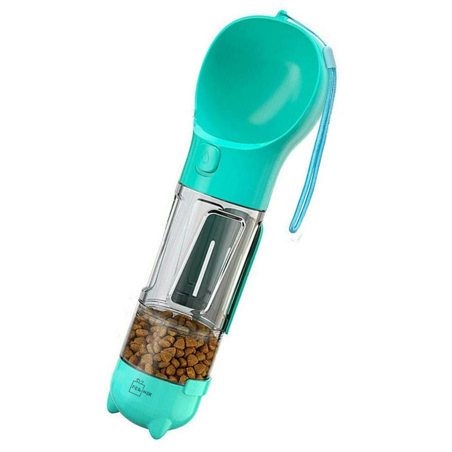 Dispenser portabil, multifunctional 4in1, pentru caini, cu castron, rezervor apa 300ml, recipient hrana 150ml, suport pungi igienice si lopatica pentru colectare excremente, turcoaz