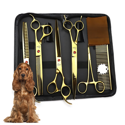 Set de 5 foarfece profesionale pentru tuns animale, cu pieptan si cutie de depozitare, design ergonomic, otel inoxidabil, prevenirea ruginii, rezistent la coroziune, usor de utilizat, auriu