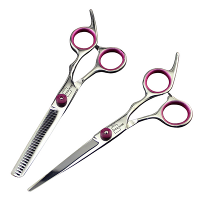 Set 2 foarfece profesionale pentru ingrijirea cainilor, piepten, geanta transport, otel, 15cm, Felliner, roz