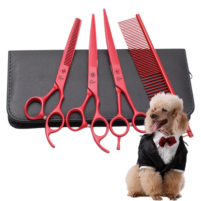 Set de 3 foarfece profesionale pentru tuns animale, cu pieptan si cutie de depozitare, design ergonomic, otel inoxidabil, prevenirea ruginii, rezistent la coroziune, usor de utilizat, rosu