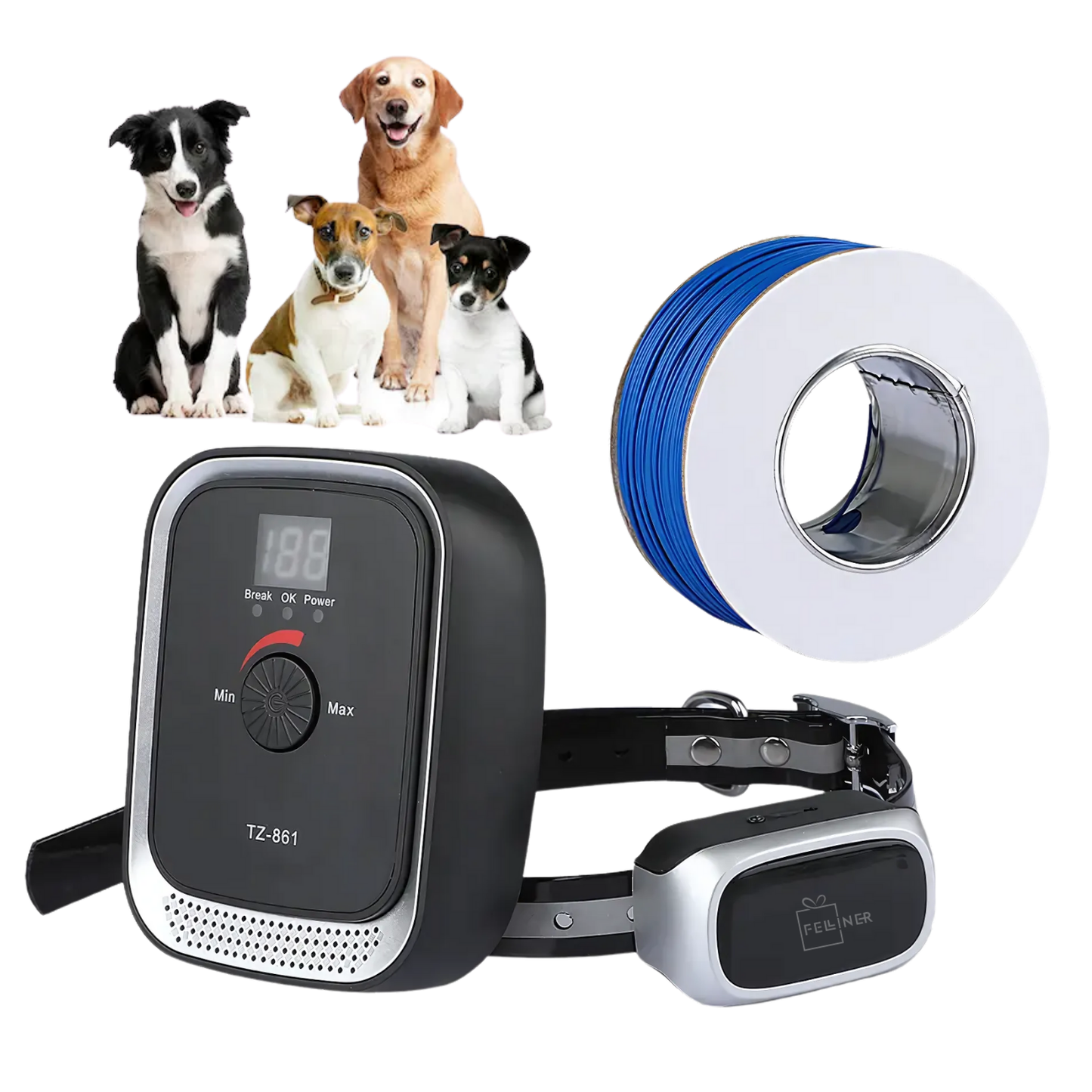 Sistem complet de gard invizibil pentru caini, TZ-861, cu rola de delimitare 200 m, sunet, vibratie, soc, IPX7, baterie reincarcabila de 400 mah, zgarda reglabila, negru