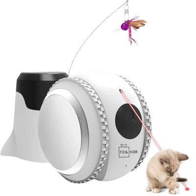 Jucarie smart interactiva pentru pisici, camera duala 4K, comunicare bidirectionala, baterie 800 mAh, rotire 360°, incarcare USB, alb