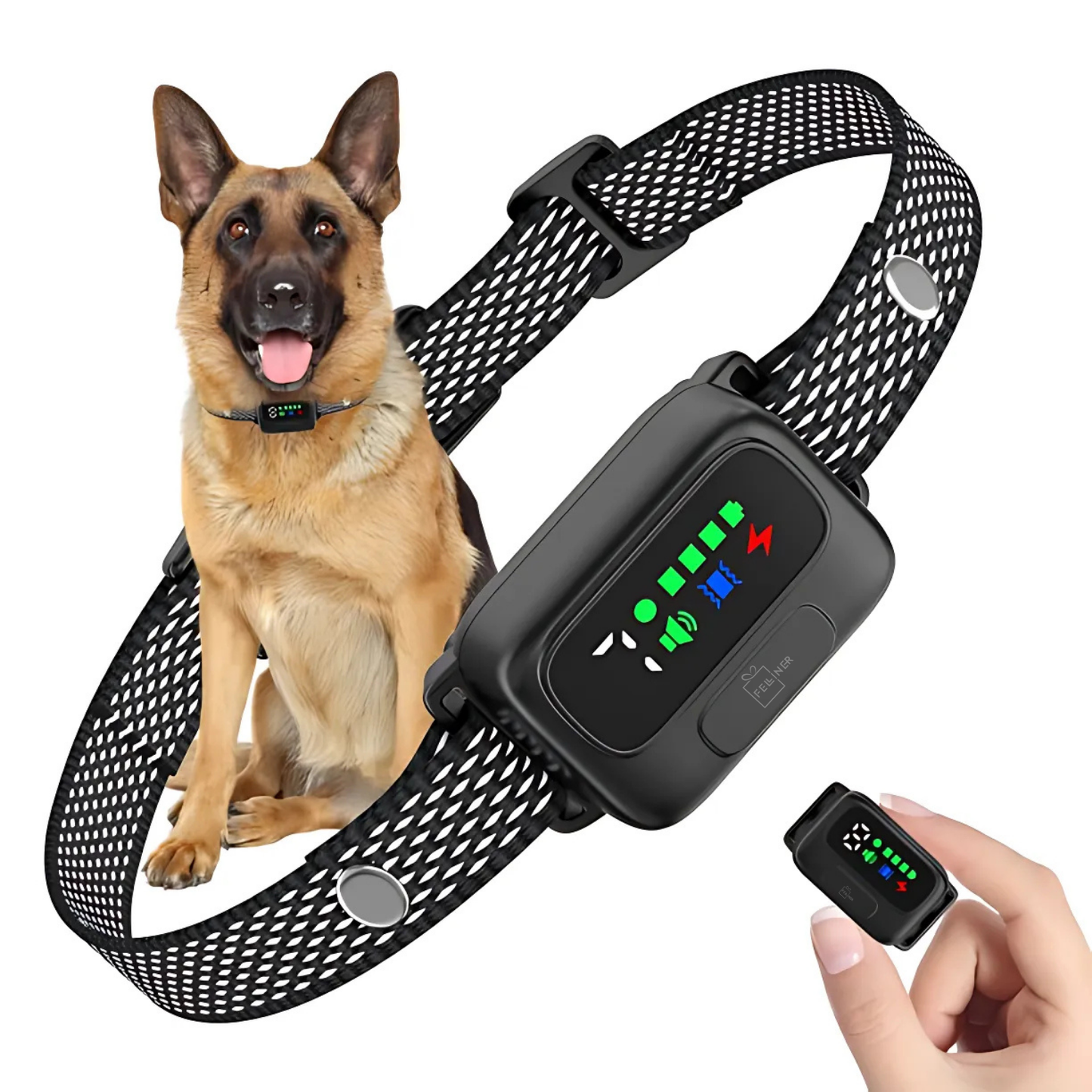 Zgarda antilatrat inteligenta cu senzor dublu, afisaj LED color, 4 moduri de antrenament, reglaj sensibilitate si intensitate, baterie 300 mAh, incarcare USB-C, rezistenta la apa IPX7, negru