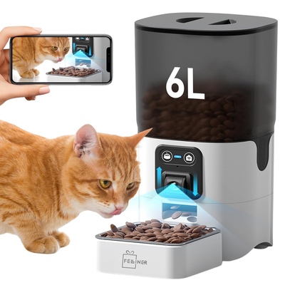 Hranitor automat inteligent pentru pisici si caini, cu camera HD 1080P, viziune nocturna, microfon bidirectional, control prin aplicatie, capacitate 6L, alimentare dubla, alb