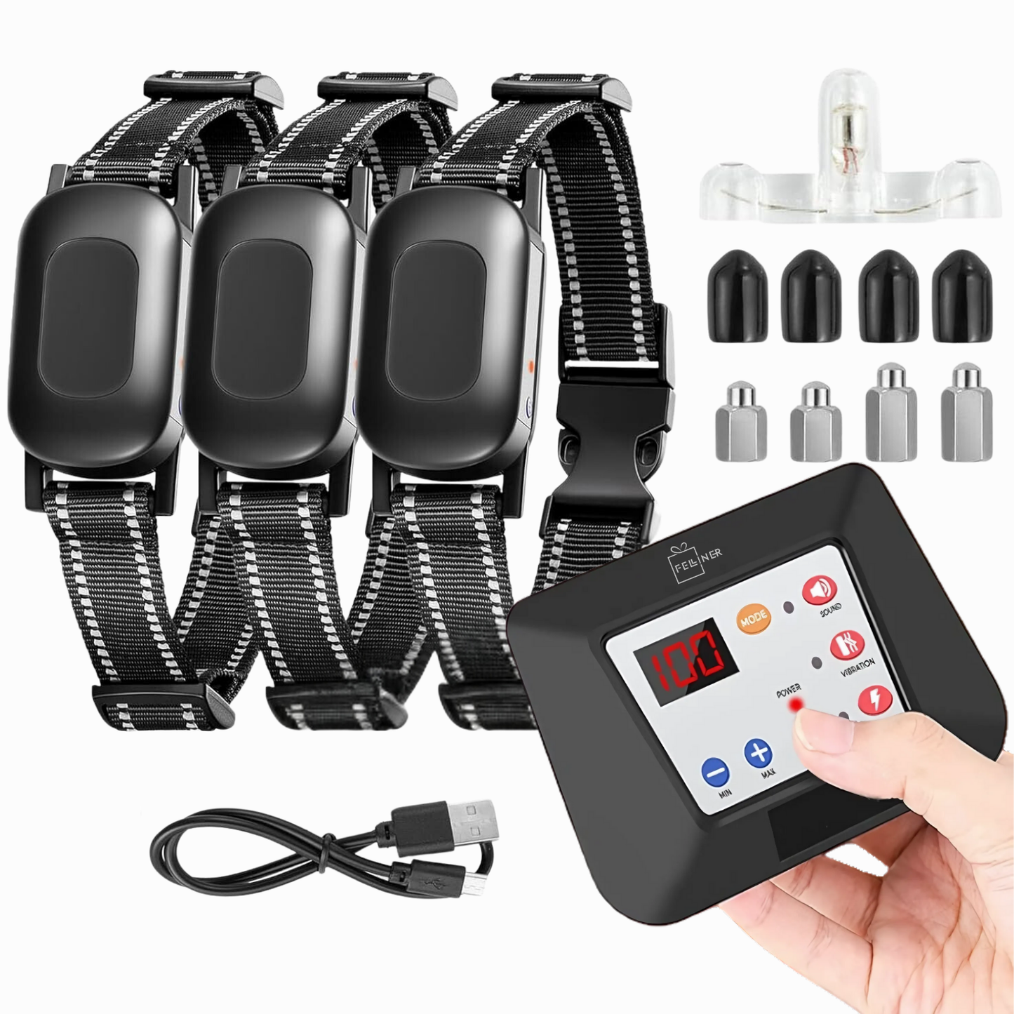 Sistem complet de gard invizibil pentru 3 caini, cu transmitator si zgarda reincarcabila, rezistenta la apa IP67, raza de actiune 300 m, baterie 2500 mAh, negru