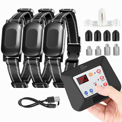 Sistem complet de gard invizibil pentru 3 caini, cu transmitator si zgarda reincarcabila, rezistenta la apa IP67, raza de actiune 300 m, baterie 2500 mAh, negru