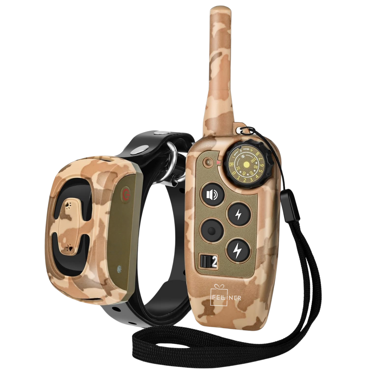 Zgarda electrica pentru dresaj caini, 4 moduri de antrenament, 99 nivele de vibratii, baterie 300 mAh, raza actiune 800 m, IP67, protectie piele, electrozi cauciucati, camuflaj-galben